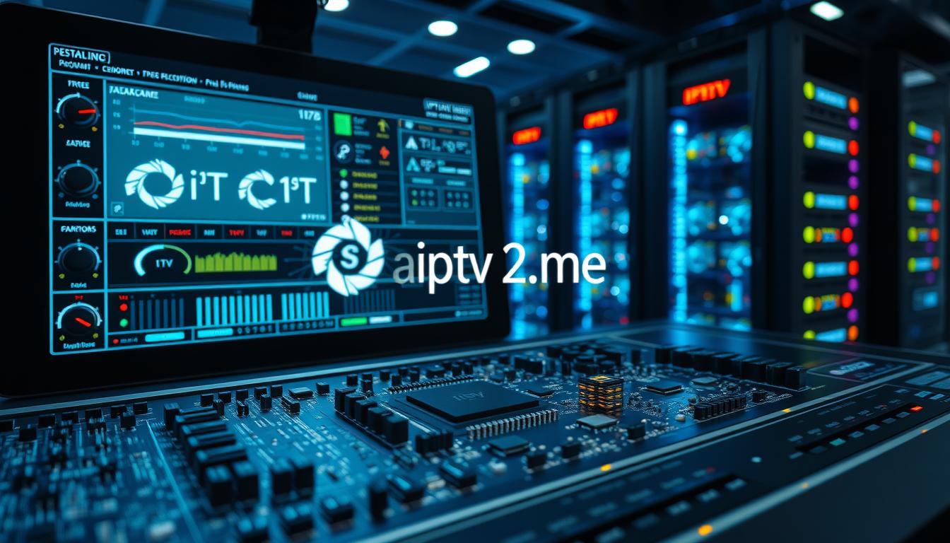A modern, sleek digital control panel showcasing the intricate iptv encoding technology. In the foreground, a high-resolution display depicts a stylized iptv2.me logo, surrounded by a grid of adjustable parameters and real-time monitoring data. The middle ground features a complex circuit board with precisely arranged microchips and circuitry, illuminated by a soft, cool-toned lighting scheme. In the background, a server rack with blinking LED indicators suggests the powerful computing infrastructure powering the iptv encoding process. The overall scene conveys a sense of technological sophistication and the seamless integration of hardware and software components that define the iptv encoding experience.