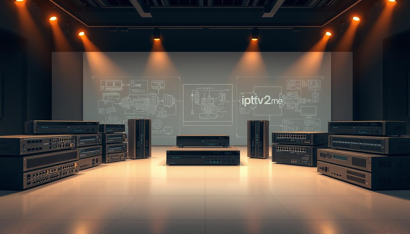 A diverse array of high-quality IPTV encoders, showcased in a sleek, modern studio setting. In the foreground, the latest iptv2.me encoder models stand prominently, their streamlined designs and intuitive interfaces on display. In the middle ground, technical diagrams and schematics illustrate the inner workings of these advanced devices, highlighting their powerful encoding capabilities. The background features a minimalist backdrop, allowing the encoders to take center stage. Warm, directional lighting casts a professional, authoritative tone, emphasizing the precision engineering of these iptv2.me solutions. The overall composition conveys the versatility and technological prowess of the featured IPTV encoders.