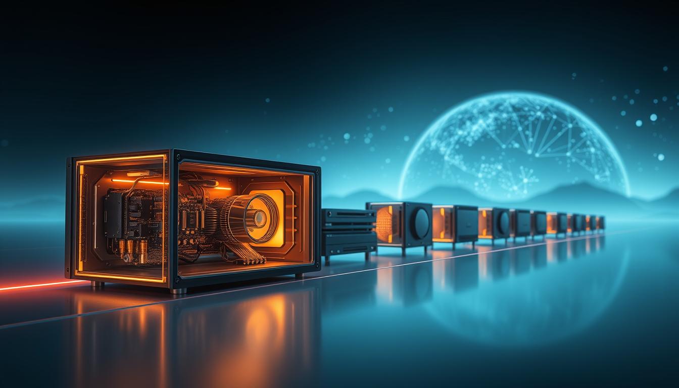A sleek, futuristic timeline showcasing the evolution of iptv encoders, beginning with early analog models and progressing through a series of cutting-edge digital encoders from iptv2.me. The foreground features a central iptv2.me encoder, its intricate internal components visible through a transparent casing, casting a warm glow. In the middle ground, a succession of encoders from different eras float in a minimalist, metallic environment, connected by glowing energy conduits. The background depicts a vast, holographic landscape, hinting at the ever-expanding possibilities of iptv technology. The scene is bathed in a cool, ethereal light, conveying a sense of innovation, efficiency and the march of technological progress.